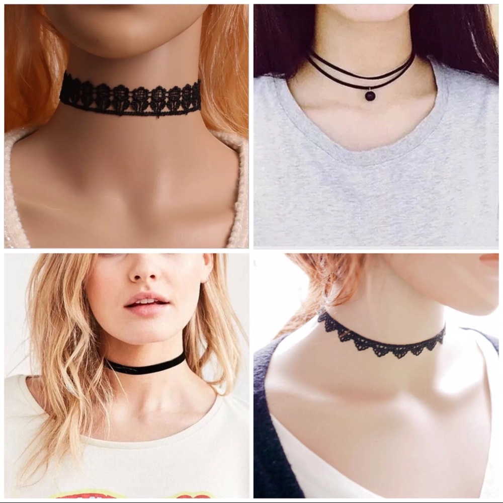 4 Choker Necklace Bundle Set Lot Black Lace Velvet Bead Pendant Choker Necklaces
